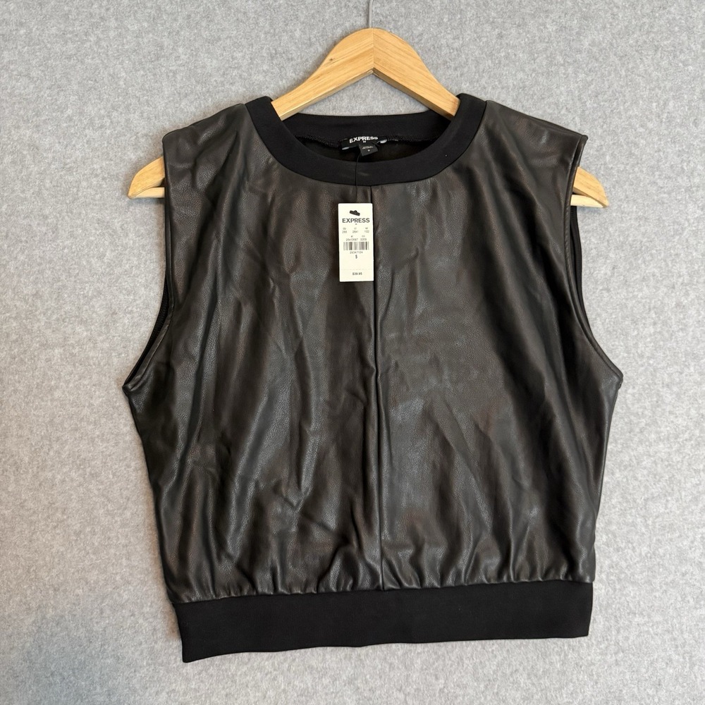 Express Black Faux Leather Crop Vest - Sleeveless Ribbed Crew Neck Banded SMALL
